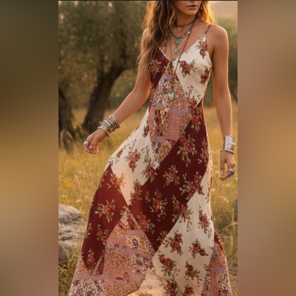Sincerely Jules Burgundy and Cream Patchwork Floral Maxi Dress - Picture 3 of 12